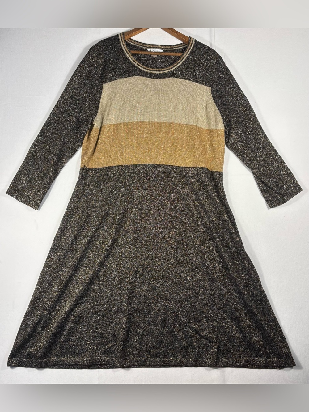 Calvin Klein Women’s XL Metallic Stripe Midi Dress in Black and Gold 3/4 Sleeves
